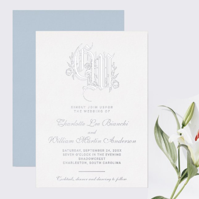 Silver Monogram Wedding Ice Blue Folieneinladung (I wish you happiness!!!)