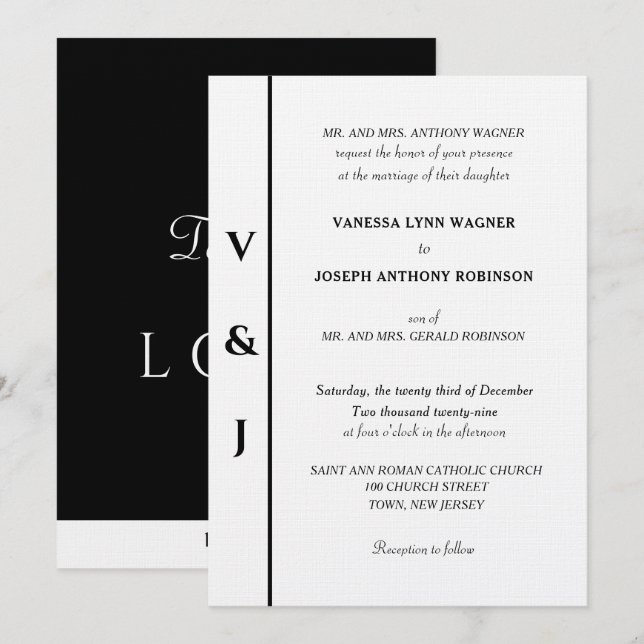 Silver Monogram White Black Wedding Einladung (Vorne/Hinten)