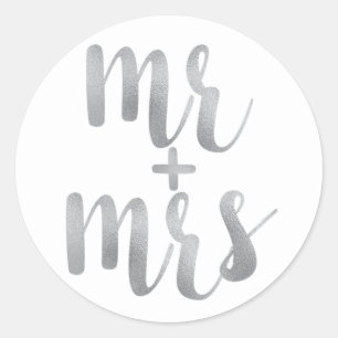 Silver Mr. & Mrs. Aufkleber, Folie Schriftart Runder Aufkleber