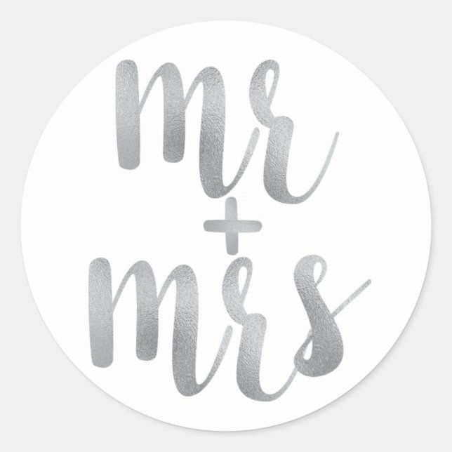 Silver Mr. & Mrs. Aufkleber, Folie Schriftart Runder Aufkleber (Vorderseite)
