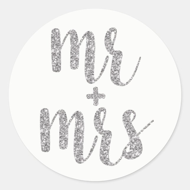 Silver Mr. & Mrs. stickers, Glitzer, rund Runder Aufkleber (Vorderseite)