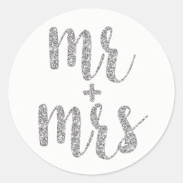 Silver Mr. & Mrs. stickers, Glitzer, rund Runder Aufkleber