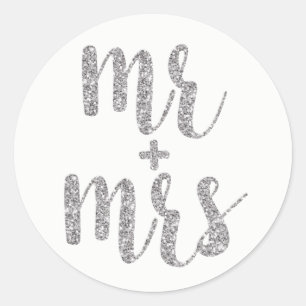 Silver Mr. & Mrs. stickers, Glitzer, rund Runder Aufkleber