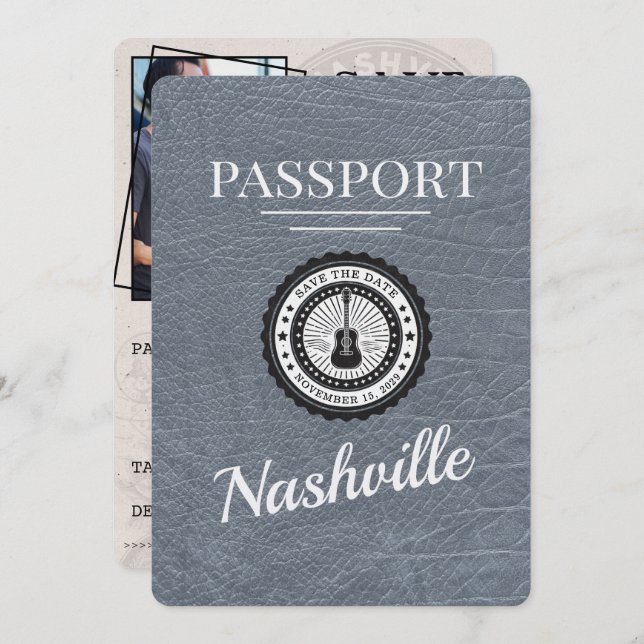 Silver Nashville Passport Save the Date (Vorne/Hinten)