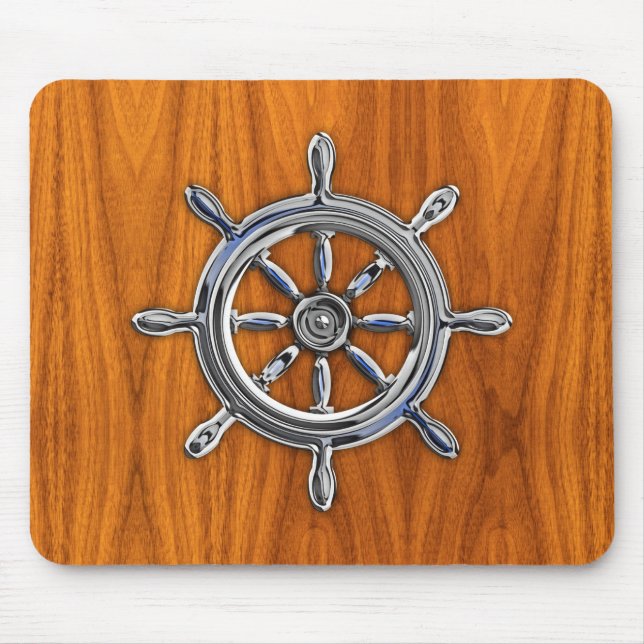 Silver Nautical Wheel auf Teak Veneer Print Mousepad (Vorne)