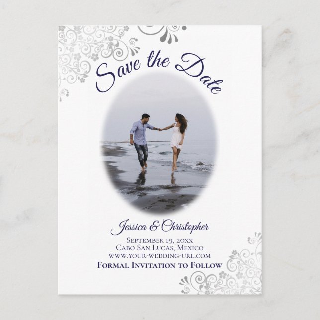 Silver & Navy auf White Foto Wedding Save the Date Ankündigungspostkarte (Vorderseite)