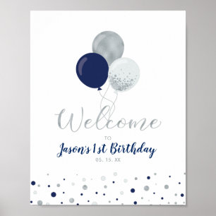 Silver & Navy Balloons   Junge 1. Geburtstag Willk Poster