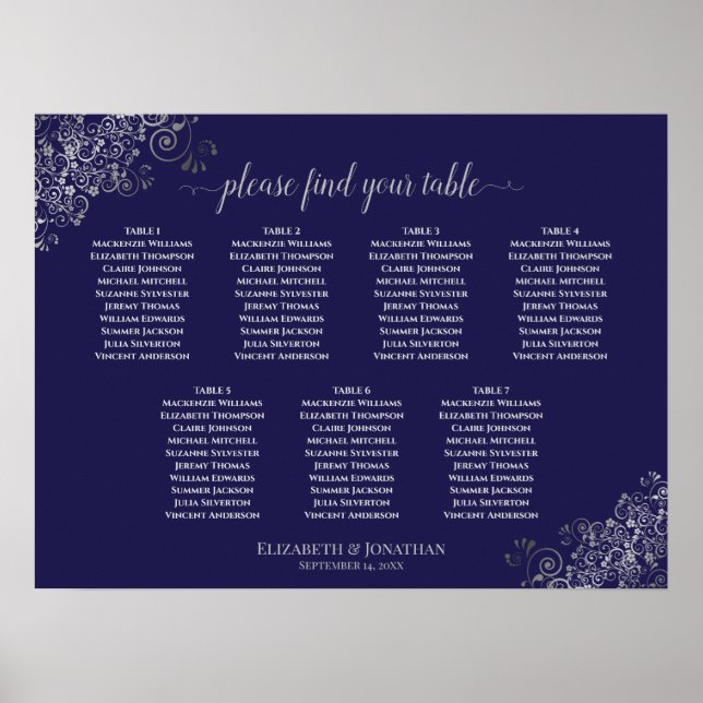 Silver & Navy Blue 7 Table Wedding Chart Poster (Vorne)