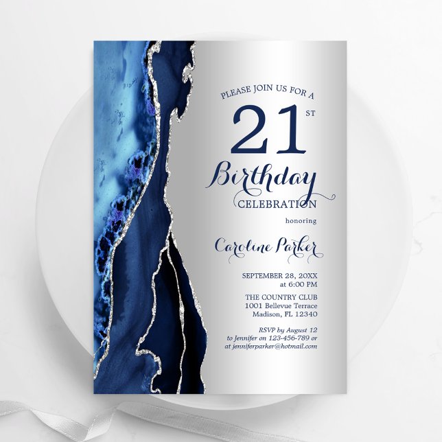 Silver Navy Blue Agate 21. Geburtstag Einladung (Von Creator hochgeladen)