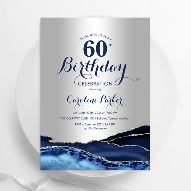 Silver Navy Blue Agate Marble 60. Geburtstag Einladung (Von Creator hochgeladen)