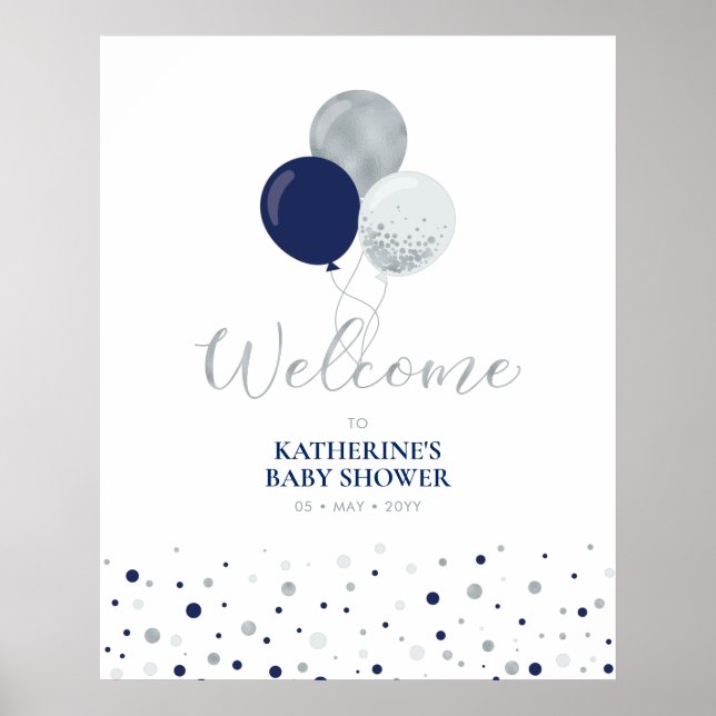 Silver & Navy Blue Balloons | Babydusche Begrüßung Poster (Vorne)