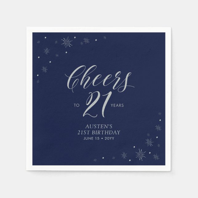 Silver & Navy Blue Cheers 21. Geburtstag Party Serviette (Vorderseite)
