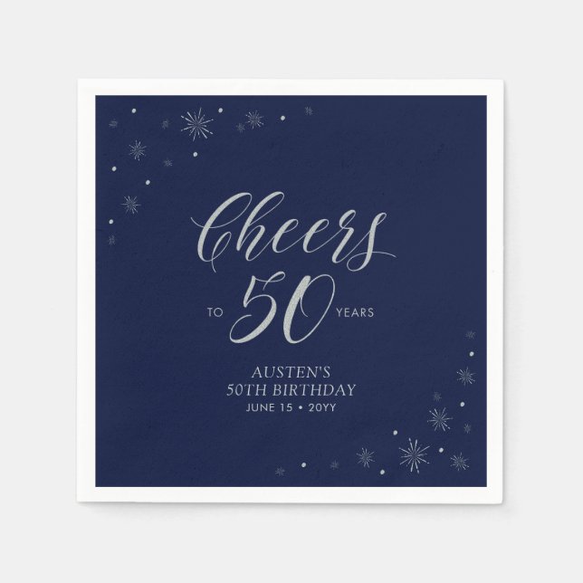 Silver & Navy Blue Cheers 50. Geburtstagsparty Serviette (Vorderseite)