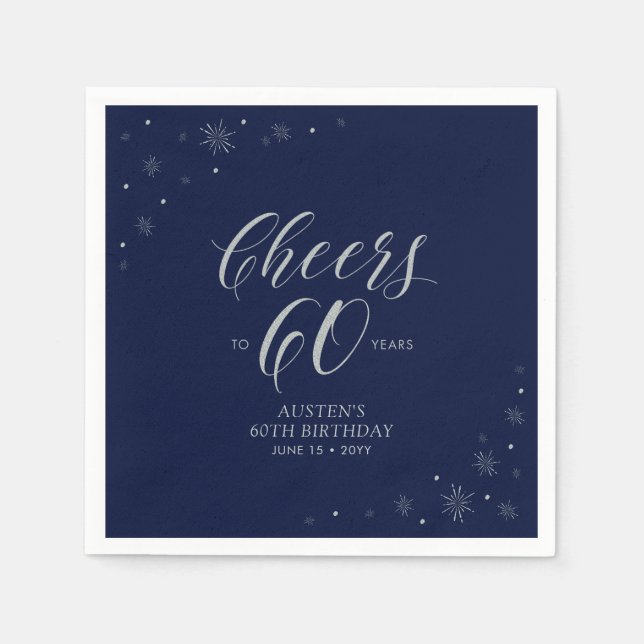 Silver & Navy Blue Cheers 60. Geburtstagsparty Serviette (Vorderseite)