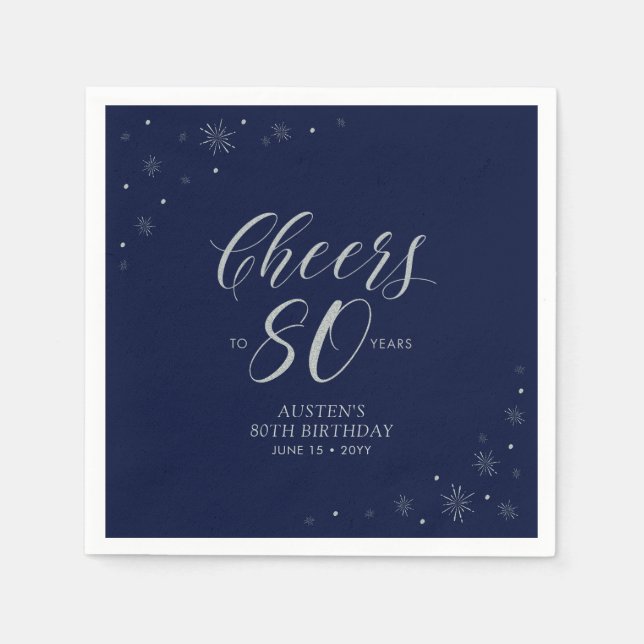 Silver & Navy Blue Cheers 80. Geburtstagsparty Serviette (Vorderseite)