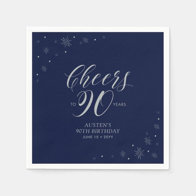 Silver & Navy Blue Cheers 90. Geburtstagsparty Serviette (Vorderseite)
