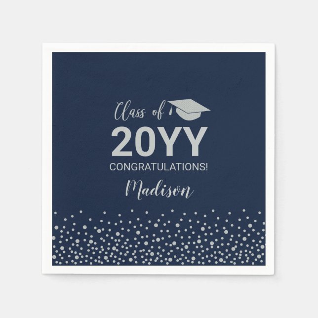 Silver & Navy Blue Confetti Class Graduation Party Serviette (Vorderseite)