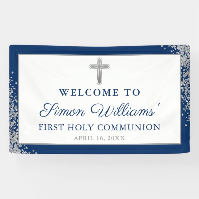 Silver Navy Blue First Heilige Kommunion Banner (Horizontal)