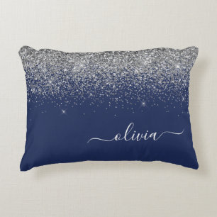 Silver Navy Blue Girl Glitzer Sparkle Monogram Dekokissen