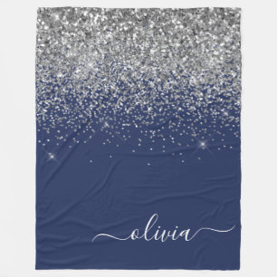 Silver Navy Blue Girl Glitzer Sparkle Monogram Fleecedecke