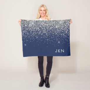 Silver Navy Blue Girl Glitzer Sparkle Monogram Fleecedecke