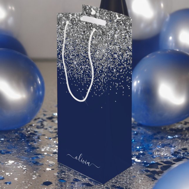 Silver Navy Blue Girl Glitzer Sparkle Monogram Geschenktüte Für Weinflaschen (Von Creator hochgeladen)