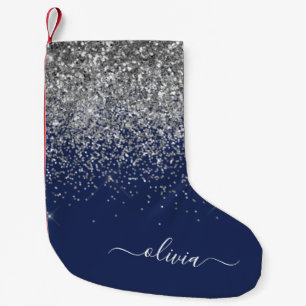 Silver Navy Blue Girl Glitzer Sparkle Monogram Kleiner Weihnachtsstrumpf