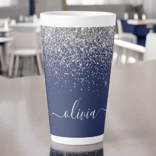Silver Navy Blue Girl Glitzer Sparkle Monogram Milchtasse