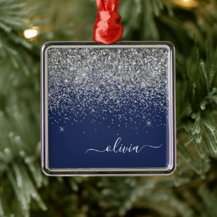 Silver Navy Blue Girl Glitzer Sparkle Monogram Ornament Aus Metall