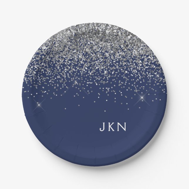 Silver Navy Blue Girl Glitzer Sparkle Monogram Pappteller (Vorderseite)