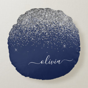 Silver Navy Blue Girl Glitzer Sparkle Monogram Rundes Kissen