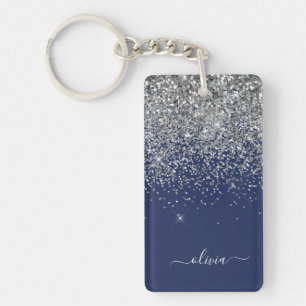 Silver Navy Blue Girl Glitzer Sparkle Monogram Schlüsselanhänger
