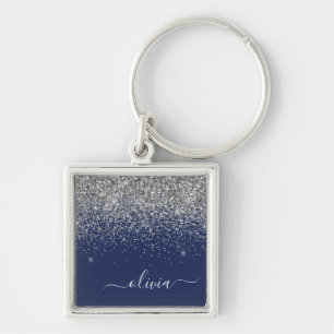 Silver Navy Blue Girl Glitzer Sparkle Monogram Schlüsselanhänger