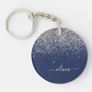 Silver Navy Blue Girl Glitzer Sparkle Monogram Schlüsselanhänger