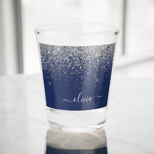 Silver Navy Blue Girl Glitzer Sparkle Monogram Schnapsglas