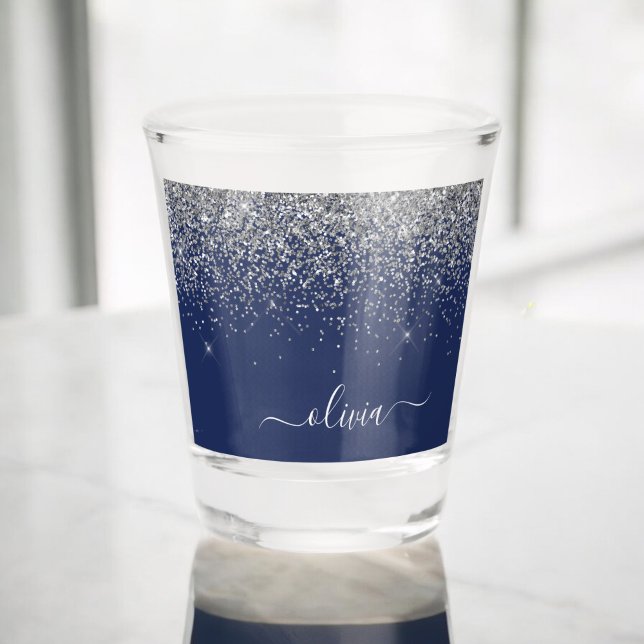 Silver Navy Blue Girl Glitzer Sparkle Monogram Schnapsglas (Von Creator hochgeladen)