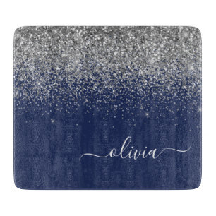 Silver Navy Blue Girl Glitzer Sparkle Monogram Schneidebrett
