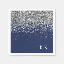 Silver Navy Blue Girl Glitzer Sparkle Monogram Serviette