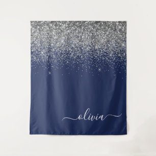 Silver Navy Blue Girl Glitzer Sparkle Monogram Wandteppich