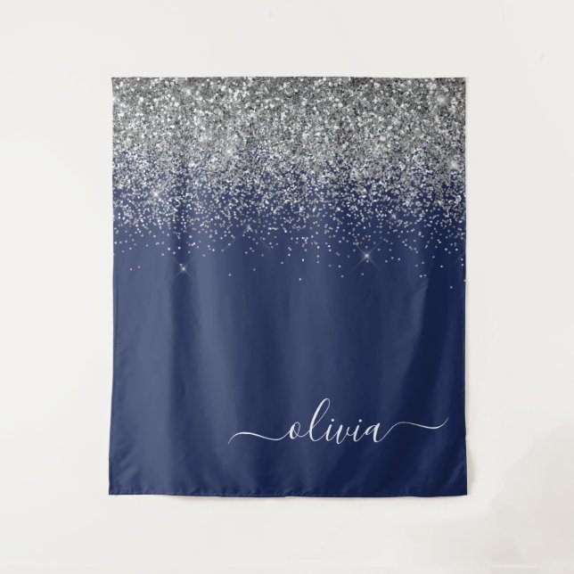 Silver Navy Blue Girl Glitzer Sparkle Monogram Wandteppich (Vorderseite)