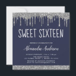 Silver Navy Blue Glitzer 16 . Geburtstag Geburtsta Einladung<br><div class="desc">Luxuriöse Silber und Navy Blue Funkelnd Dripping Glitzer Sweet 16 Birthday Party Einladung . Dies ist die perfekte 16 . Geburtstag Geburtstagseinladung für eine moderne Sparkle Girly Geburtstagsparty im Glitzer. Bitte kontaktieren Sie den Designer,  um passende Sonderanfertigungen zu erhalten.</div>