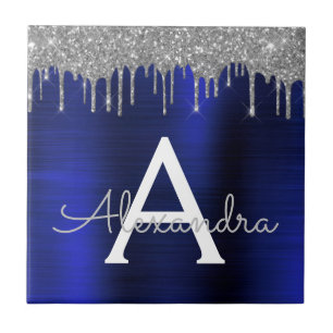 Silver Navy Blue Glitzer Brushal Monogramm Fliese
