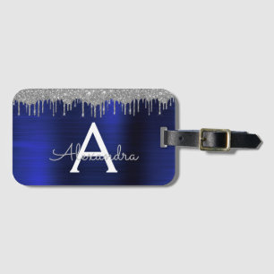 Silver Navy Blue Glitzer Brushal Monogramm Gepäckanhänger