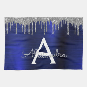 Silver Navy Blue Glitzer Brushal Monogramm Geschirrtuch
