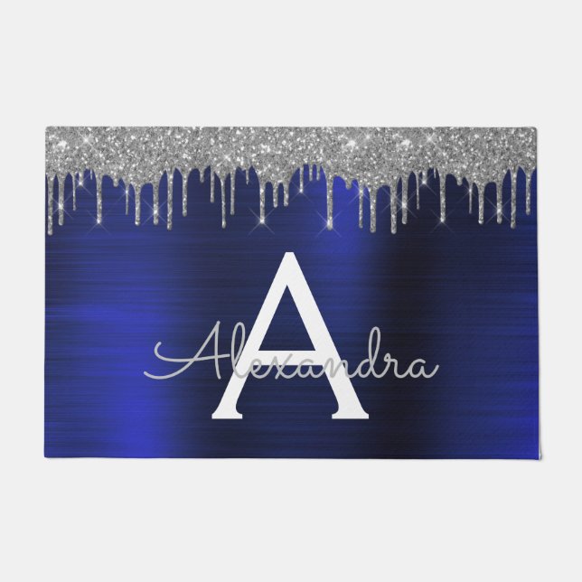 Silver Navy Blue Glitzer Brushed Metal Monogram Fußmatte (Vorderseite)