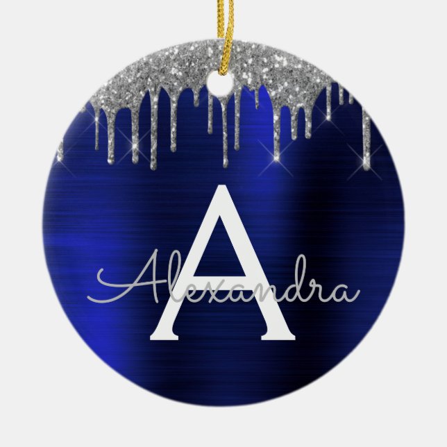 Silver Navy Blue Glitzer Brushed Metal Monogram Keramik Ornament (Vorne)