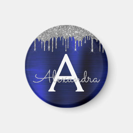 Silver Navy Blue Glitzer Brushed Metal Monogram Magnet