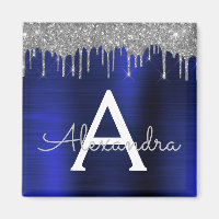 Silver Navy Blue Glitzer Brushed Metal Monogram