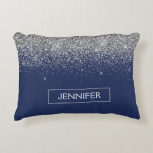 Silver Navy Blue Glitzer Giron Monogram Name Dekokissen