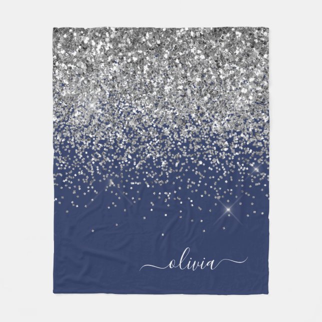 Silver Navy Blue Glitzer Giron Monogram Name Fleecedecke (Vorderseite)